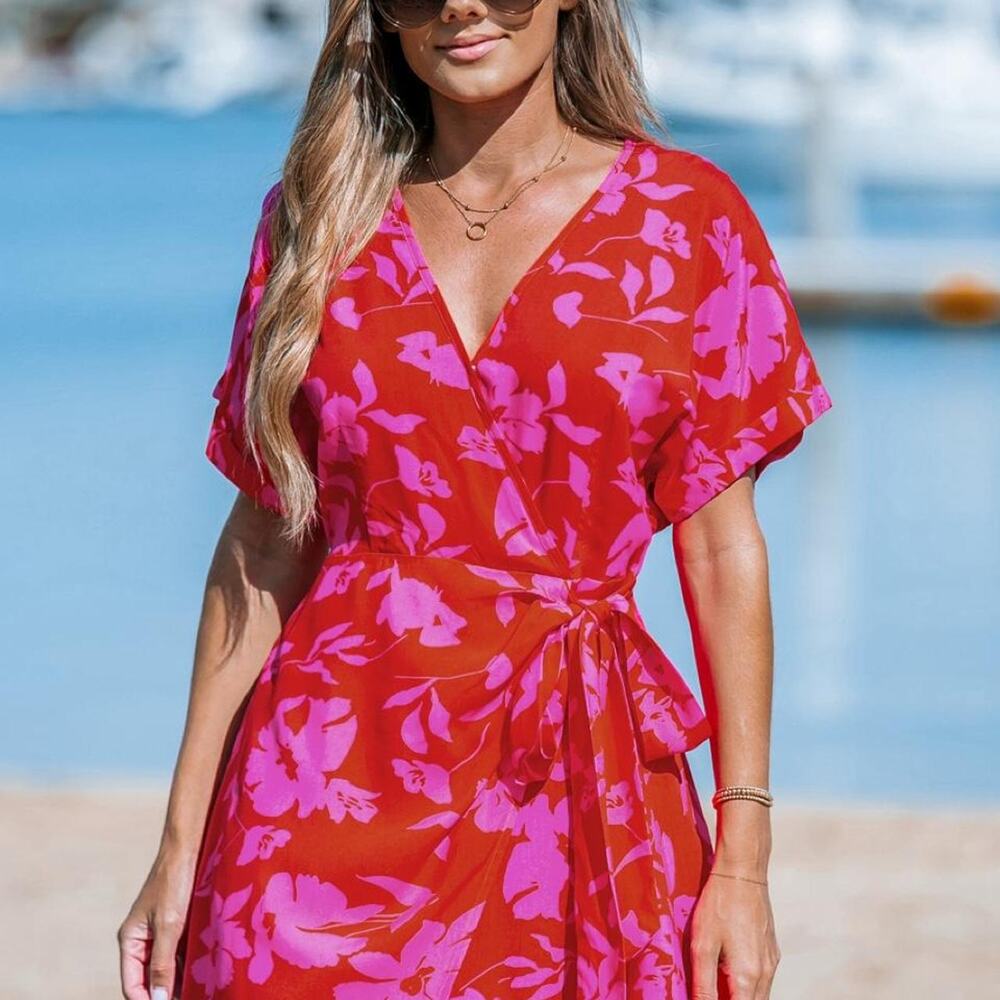CUPSHE Red pink floral faux-wrap dress cover up tie waist rayon summer trendy